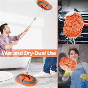 img 1 attached to 🚗 Conliwell 2 in 1 Car Wash Brush Mop Mitt Kit, Car Cleaning Brush Duster Set, 45&#34; Aluminum Alloy Long Handle, 2Pcs Chenille Microfiber Mop Heads, Extension Pole, Scratch Free Car Cleaning Tools