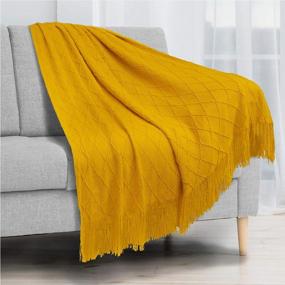 img 3 attached to PAVILIA Knitted Throw Blanket with Fringe and Tassel - Mustard Yellow Gold Boho Farmhouse Decor 🧶 for Couch, Bed, or Outdoor Use - Soft, Lightweight, and Cozy Afghan with Modern Texture - 50x60 inches