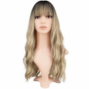 img 3 attached to Natural Looking Synthetic Wig For Women - 24 Inch Ombre Blonde Curly Wavy Full Wig With Bangs And Dark Roots For Daily Wear And Parties By FESHFEN