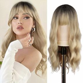 img 4 attached to Natural Looking Synthetic Wig For Women - 24 Inch Ombre Blonde Curly Wavy Full Wig With Bangs And Dark Roots For Daily Wear And Parties By FESHFEN