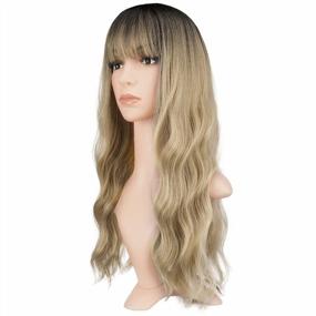 img 2 attached to Natural Looking Synthetic Wig For Women - 24 Inch Ombre Blonde Curly Wavy Full Wig With Bangs And Dark Roots For Daily Wear And Parties By FESHFEN