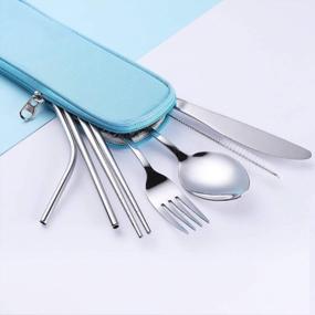 img 3 attached to Reusable Silverware Set To Go Portable Cutlery With Waterproof Carrying Case For Lunch Boxes, Workplace, Camping, School Picnic - Light Blue