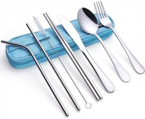img 4 attached to Reusable Silverware Set To Go Portable Cutlery With Waterproof Carrying Case For Lunch Boxes, Workplace, Camping, School Picnic - Light Blue