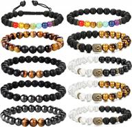 set of 10 chakra lava stone bracelets for men and women: natural rock stones, tiger eye, and elastic bands for stress relief, yoga, meditation, and essential oil diffusing logo