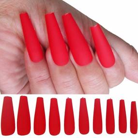 img 4 attached to 100Pc Red Coffin Shaped False Nails - LoveOurHome Matte Press On Ballerina Fingernails For Women & Girls (10 Sizes)