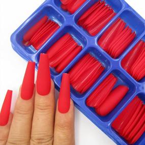 img 1 attached to 100Pc Red Coffin Shaped False Nails - LoveOurHome Matte Press On Ballerina Fingernails For Women & Girls (10 Sizes)