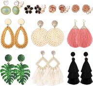 bohemian rattan clip-on drop earrings for women: thunaraz light weight geometric acrylic hoop dangle earrings with non-pierced clips - set of 8-10 pairs of fashionable jewelry logo