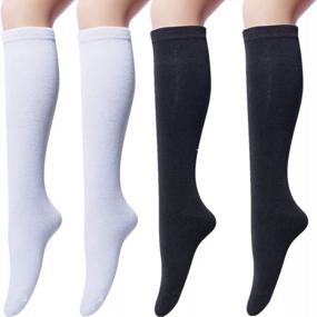 img 4 attached to Stay Comfortable And Stylish With 4 Pairs Of Women'S Casual Solid Knit Knee High Socks