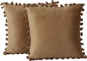 img 3 attached to Luxury Brown Velvet Throw Pillow Covers With Tassels Fringe Design - Perfect For Farmhouse Couch Sofa Bedroom Home Decor (18X18 Inch, 2 Pc)
