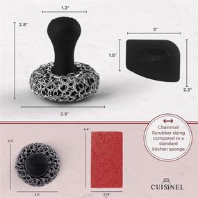 img 1 attached to 🧼 Premium Cast Iron Chainmail Scrubber + Pan Scraper - Ergonomic Stainless Silicone Cleaner for Pots Skillets - Food-Safe Design - Easy-to-Clean Dishwasher Safe Cookware Sponge Kitchen Accessory