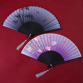 img 1 attached to Set Of 4 Bamboo Handheld Fans With Silk Fabric - Perfect For Parties, Weddings, Gifts, And Wall Decoration