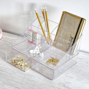 img 2 attached to Clear Plastic Tiered Divider Desk Organizer With Drawers - Perfect For Office Supplies, Makeup & Accessories!