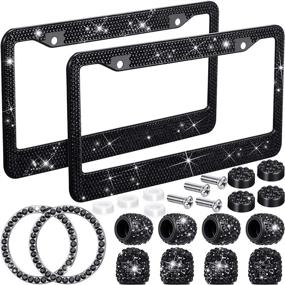 img 4 attached to 12-Piece Black Bling Rhinestone Car Accessory Set: License Plate Frame, Emblem Sticker, Valve Stem Caps, Dust Caps - Ideal Auto Car Ornament Decoration