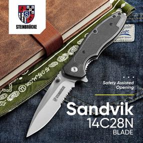 img 3 attached to Steinbrucke EDC Knife: 3.4'' Sandvik 14C28N Serrated Blade, G10 Aluminum Handle & Glass Breaker - Perfect Men Gift For Camping & Outdoor!