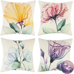 img 4 attached to Waterproof Outdoor Pillow Covers 18X18 Set Of 4 Decorative Flower Cushion Covers Summer Throw Pillows Cover For Patio Furniture (Pink Purple Yellow Blue)