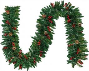 img 4 attached to 10-футовая рождественская гирлянда с красными ягодами, сосновыми шишками и снегом - идеально подходит для наружного декора!