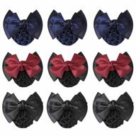 set of 9 women's hair snood nets for buns with non-slip design and satin bow barrettes - perfect for work or play in black, red, and navy blue logo