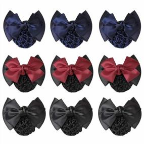 img 4 attached to Set Of 9 Women'S Hair Snood Nets For Buns With Non-Slip Design And Satin Bow Barrettes - Perfect For Work Or Play In Black, Red, And Navy Blue