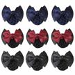 set of 9 women's hair snood nets for buns with non-slip design and satin bow barrettes - perfect for work or play in black, red, and navy blue logo