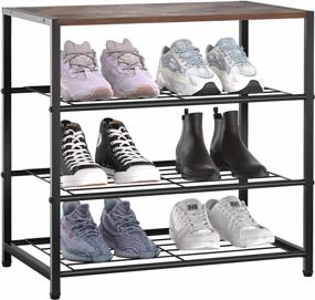 img 4 attached to Rustic Brown 4-Tier Metal Shoe Rack With MDF Wood Top Board, Entryway Shoe Tower Storage Organizer For Hallway, Closet, Bedroom & Living Room