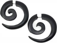 hypoallergenic tribal organic wooden earrings in black and brown for emo, goth, and punk styles - spiral gothic faux plugs tapers with 316l surgical steel logo