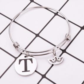 img 1 attached to 🌸 Customized Initial Bracelet with Lotus Flower Charm - Personalized Letter Wire Bangle Gift for Her