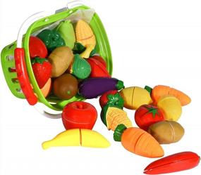 img 3 attached to Playkidz Fruit And Vegetables Basket - Pretend Play Kitchen Food Educational Playset With Toy Knife, Cutting Board (32 Pieces Of Fruit And Vegetable Toys)