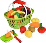 playkidz fruit and vegetables basket - pretend play kitchen food educational playset with toy knife, cutting board (32 pieces of fruit and vegetable toys) logo