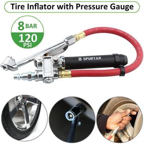 img 1 attached to Spurtar 10-120 PSI Heavy Duty Car Tire Inflator Gauge With 4 Way Tool And Valve Cores Automobiles Tire Pressure Gun With 12" Air Hose For Truck Motorcycle Bicycle