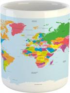 исследуйте мир с кружкой с политической картой ambesonne - керамической кружкой на 11 унций в классических цветах европы, америки, азии и африки для ежедневной дозы кофе, чая и других напитков! логотип