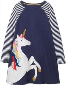 img 4 attached to Striped Jersey Dresses For Girls: Youlebao Cotton Long Sleeved Casual With Cartoon Appliques