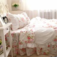 queen size fadfay 4-piece shabby pink rose floral print cotton bedding set with ruffles and bedskirt - farmhouse style logo