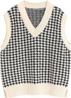 women's houndstooth sweater vest v neck knit preppy style geometric top sleeveless oversized loose pullover logo