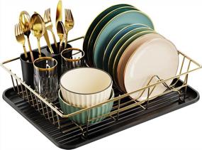 img 4 attached to GSlife Стеллаж для сушки посуды Маленькая стеллаж для посуды с подносом Компактный сушилка для посуды для кухонного шкафа, золотой и черный