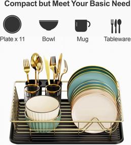 img 1 attached to GSlife Стеллаж для сушки посуды Маленькая стеллаж для посуды с подносом Компактный сушилка для посуды для кухонного шкафа, золотой и черный