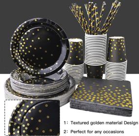 img 2 attached to 🎉 310-Piece Black and Gold Party Supplies - Rose Gold Dot Disposable Paper Plates Dinnerware Set: 50 Dinner Plates, 50 Dessert Plates, 50 Cups, 50 Napkins, 50 Straws, and 60 Balloons for Birthday Party, Wedding, Holiday