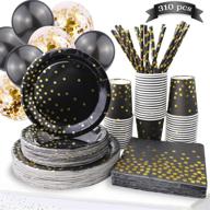 🎉 310-piece black and gold party supplies - rose gold dot disposable paper plates dinnerware set: 50 dinner plates, 50 dessert plates, 50 cups, 50 napkins, 50 straws, and 60 balloons for birthday party, wedding, holiday логотип