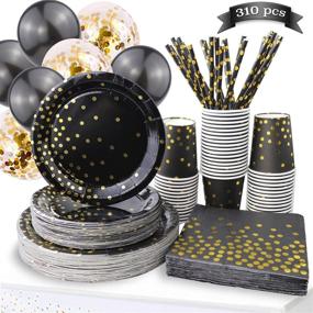 img 4 attached to 🎉 310-Piece Black and Gold Party Supplies - Rose Gold Dot Disposable Paper Plates Dinnerware Set: 50 Dinner Plates, 50 Dessert Plates, 50 Cups, 50 Napkins, 50 Straws, and 60 Balloons for Birthday Party, Wedding, Holiday