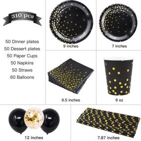 img 3 attached to 🎉 310-Piece Black and Gold Party Supplies - Rose Gold Dot Disposable Paper Plates Dinnerware Set: 50 Dinner Plates, 50 Dessert Plates, 50 Cups, 50 Napkins, 50 Straws, and 60 Balloons for Birthday Party, Wedding, Holiday