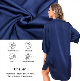 img 2 attached to Сексуальная шелковая ночная рубашка для женщин - пижама Chalier с v-образным вырезом на пуговицах темно-синего цвета, большая - одежда для отдыха бойфренда с пятнами, платье-рубашка для сна