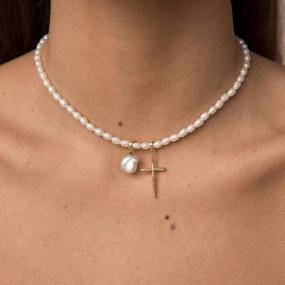 img 4 attached to Women'S Day Jewelry: Cross Pendant Freshwater Pearl Choker Necklace With Pearls And Cross Design