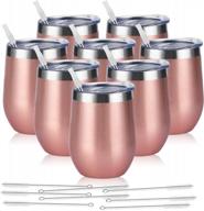 8-pack stainless steel wine tumblers - double wall insulated stemless cups with lids for wine, coffee, cocktails - 12oz capacity - stylish rose gold finish logo