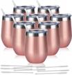 8-pack stainless steel wine tumblers - double wall insulated stemless cups with lids for wine, coffee, cocktails - 12oz capacity - stylish rose gold finish logo