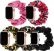 simpeak 5pack elastic fabric scrunchie band compatible with apple watch 41mm 40mm 38mm, women girl strap replacement for iwatch series 8 7 6 se 5 4 3, small, black/pink/leopard/sunflower/flower logo