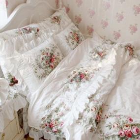 img 2 attached to Full Size 4-Pieces FADFAY Farmhouse Bedding Vintage Rose Floral Duvet Cover, White Lace & Ruffle Style 100% Cotton Exquisite Craft Elegant Shabby