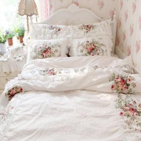 img 3 attached to Full Size 4-Pieces FADFAY Farmhouse Bedding Vintage Rose Floral Duvet Cover, White Lace & Ruffle Style 100% Cotton Exquisite Craft Elegant Shabby