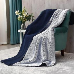 img 2 attached to Пушистое флисовое одеяло Sherpa для дивана, дивана и кровати, ультра уютное теплое легкое одеяло - темно-синий 60X80 дюймов