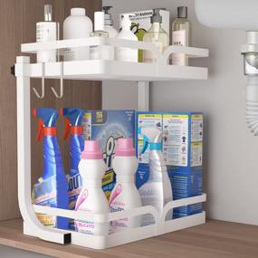 img 4 attached to Under Sink Organizer - Adjustable Height, 2 Tier Metal Shelf Storage Baskets With Hooks For Bathroom & Kitchen Cabinet Organization (White)