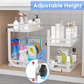 img 2 attached to Under Sink Organizer - Adjustable Height, 2 Tier Metal Shelf Storage Baskets With Hooks For Bathroom & Kitchen Cabinet Organization (White)