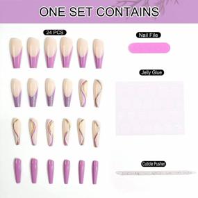 img 2 attached to 24 Piece Set Of Purple French False Nails With Swirl Design - Lovful Long Coffin Press On Nails